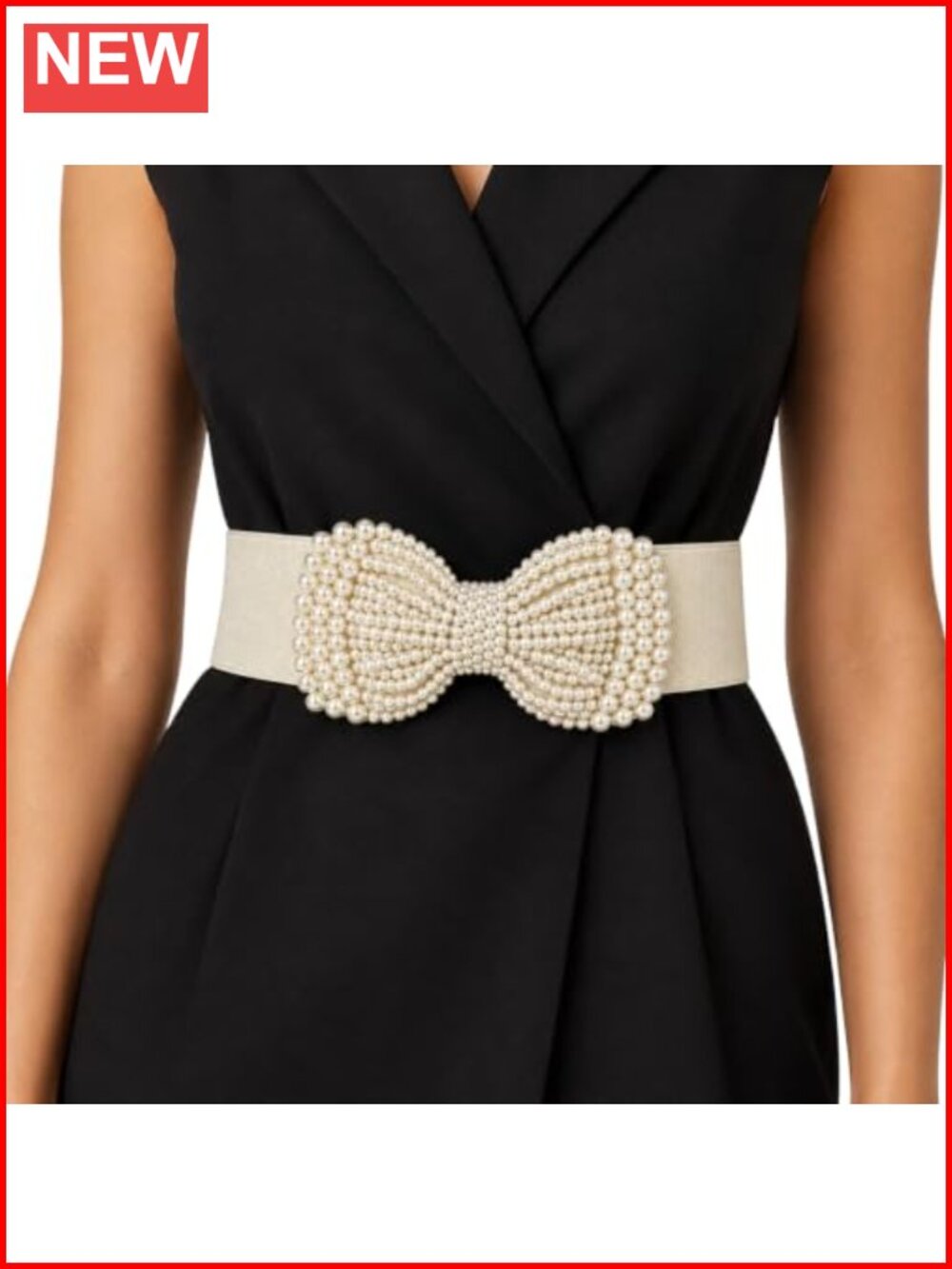 Faux Leather Pearl Bow Elastic Waist Wide Fashion Belt for Dresses